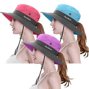 Pieces Womens Ponytail Wide Brim Sun Hat Packable UV Protection Beach Cap